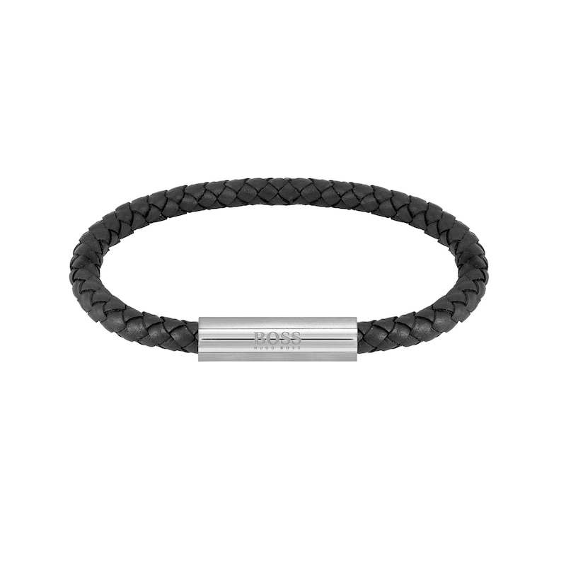 BOSS Braided Men's Stainless Steel & Black Leather 7 Inch Bracelet