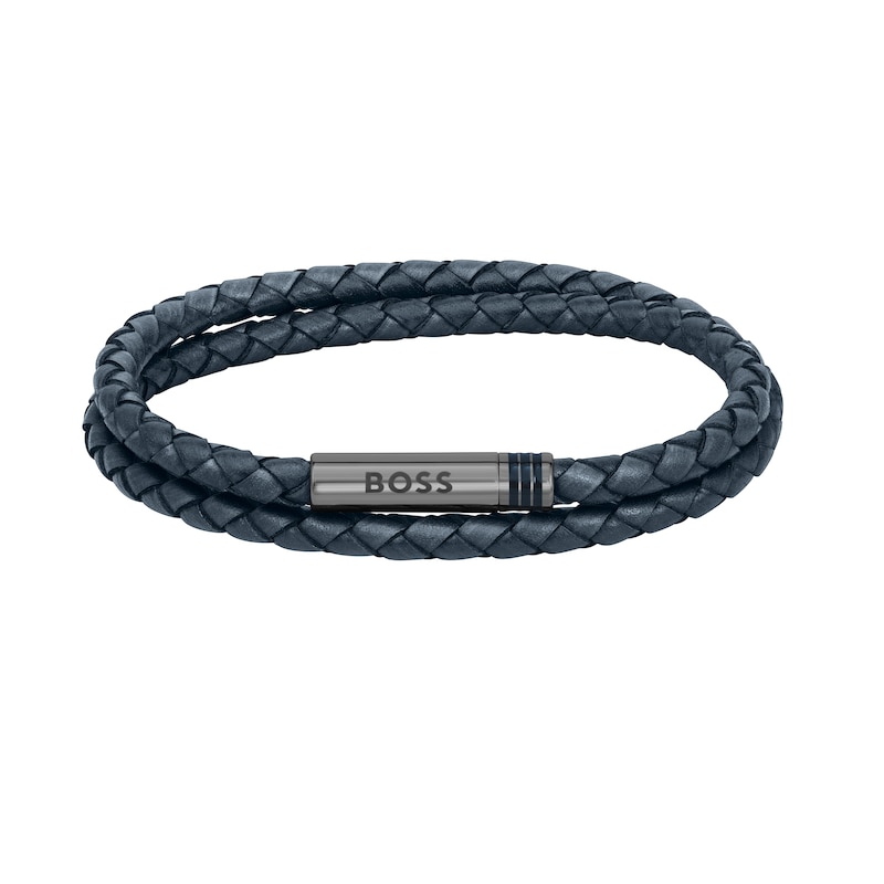 BOSS Ares Men's Braided Grey Leather 7 Inch Bracelet