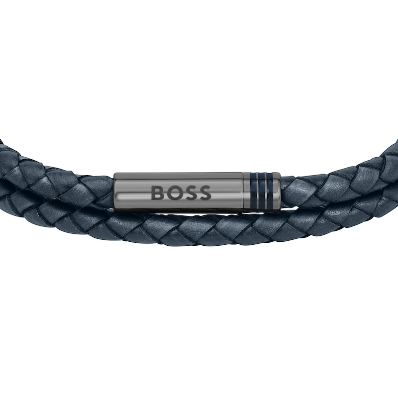 BOSS Ares Men's Braided Grey Leather 7 Inch Bracelet