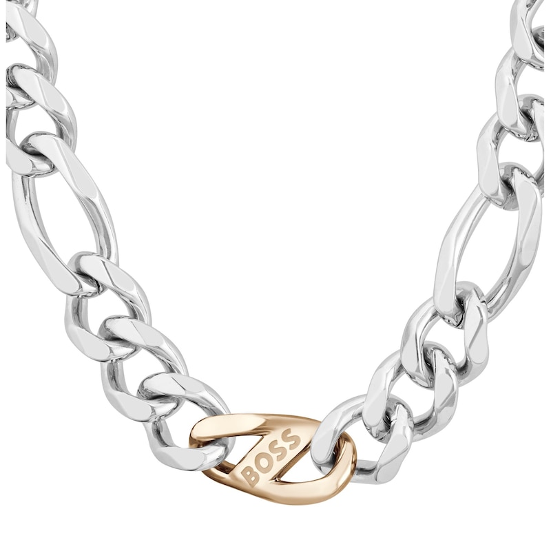 BOSS Rian Stainless Steel & Carnation Gold IP 24 Inch Figaro Chain