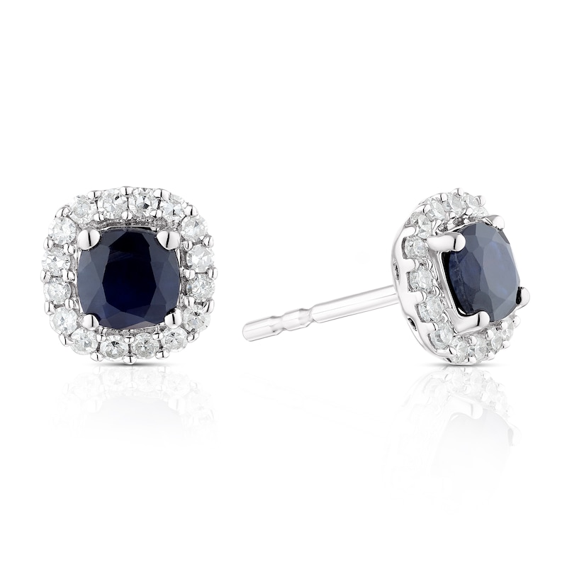 9ct White Gold Sapphire & 0.20ct Diamond Cushion Halo Stud Earrings