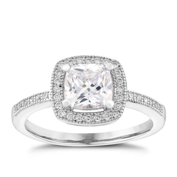 Silver And Cubic Zirconia Halo Cushion Cut Ring