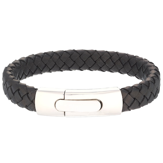 Men’s Black Leather Stainless Steel 12mm Bracelet