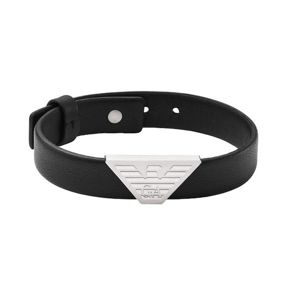 Emporio Armani Men’s Black Leather & Steel Logo Bracelet