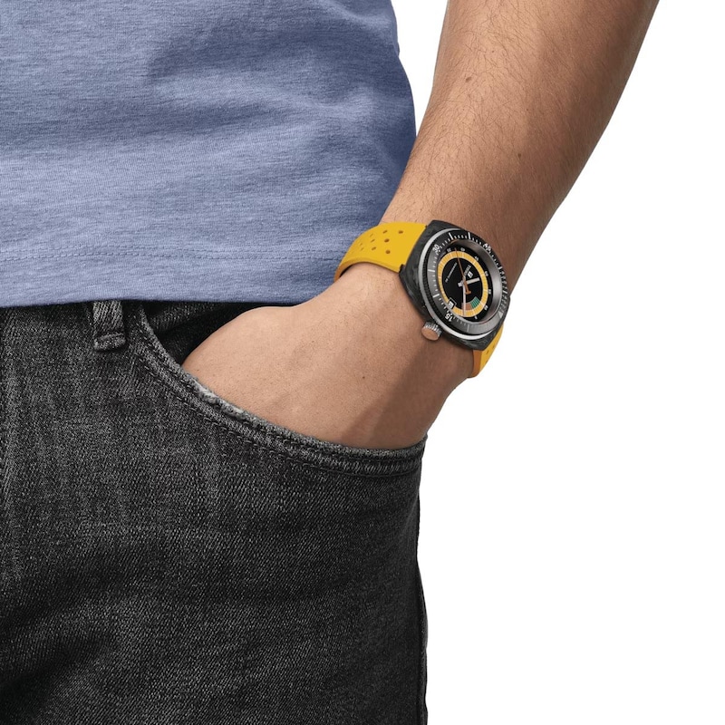 Tissot Sideral S Powermatic Men's Black Dial & Yellow Rubber Strap Watch