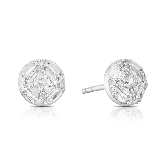 9ct White Gold 0.33ct Diamond Baguette Cut Round Cluster Stud Earrings