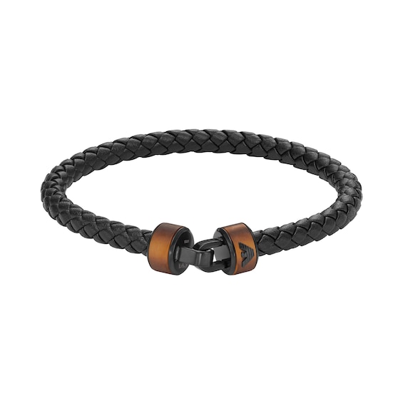 Emporio Armani Men’s Black Braided Leather & Copper Tone Steel Bracelet
