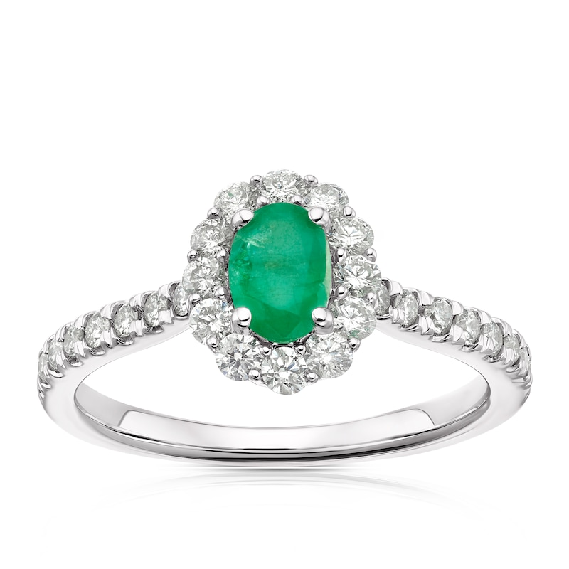 18ct White Gold Emerald & 0.50ct Diamond Halo Ring
