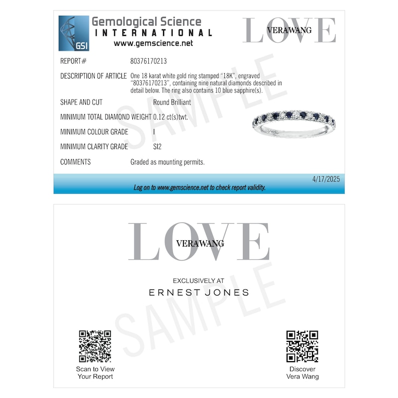 Main Image 5 of Vera Wang 18ct White Gold 0.12ct Diamond & Sapphire Eternity Certificated Ring
