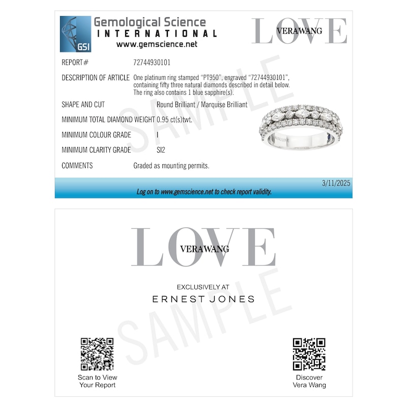 Main Image 5 of Vera Wang Platinum 0.95ct Diamond Three Row Eternity Certificated Ring