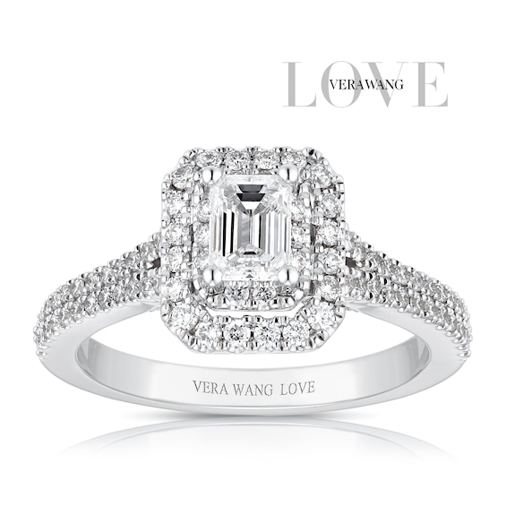 Engagement Ring Vera Wang 18ct White Gold Emerald Cut Halo Certificated 0.95ct Diamond Ring