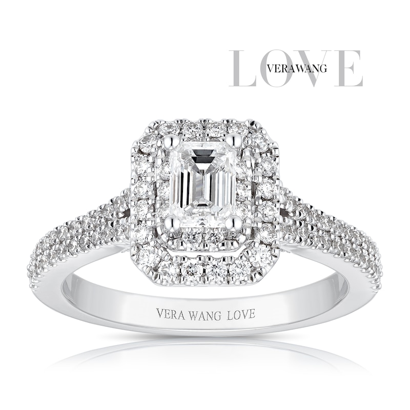 Main Image 1 of Vera Wang 18ct White Gold 0.95ct Diamond Emerald Cut Halo Certificated Ring