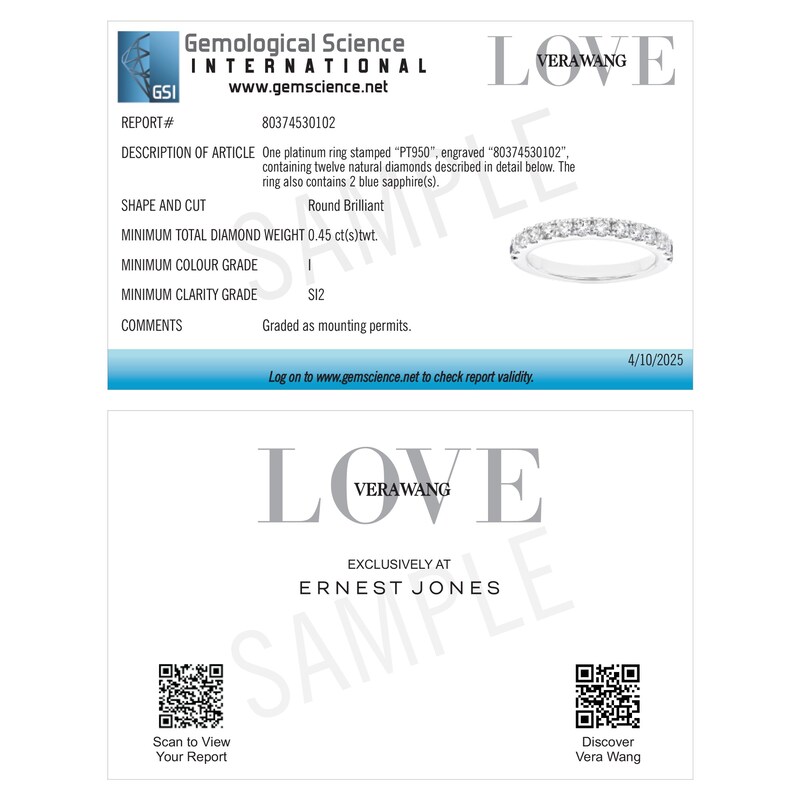 Main Image 5 of Vera Wang Platinum 0.45ct Diamond Eternity Certificated Ring