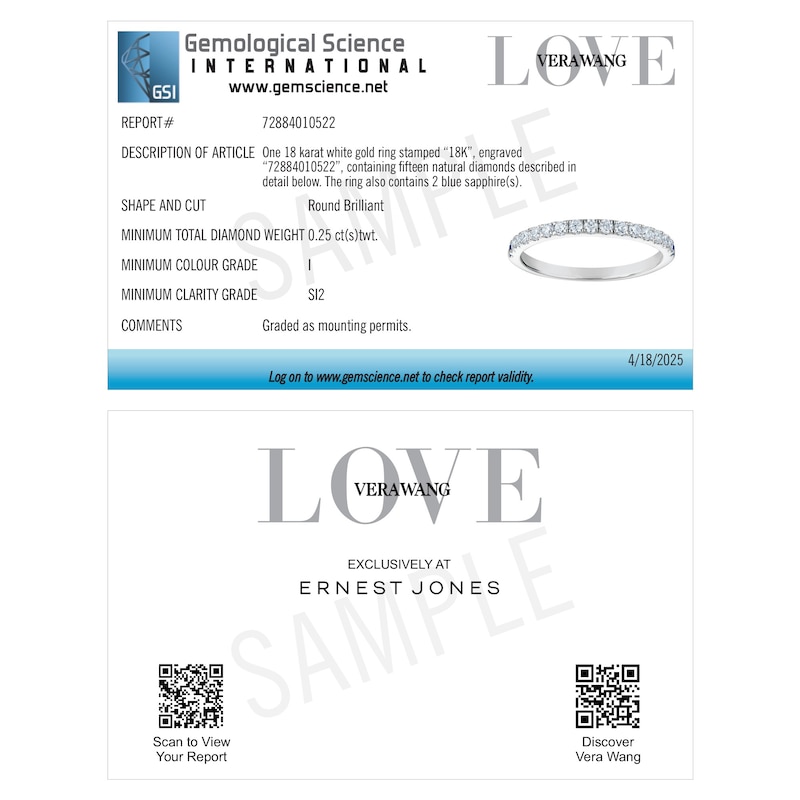 Main Image 5 of Vera Wang 18ct White Gold 0.25ct Diamond & Sapphire Two Row Eternity Certificated Ring