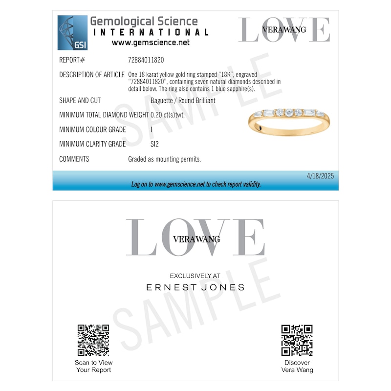 Main Image 5 of Vera Wang 18ct Yellow Gold 0.20ct Diamond Round & Baguette Shaped Wedding Certificated Ring