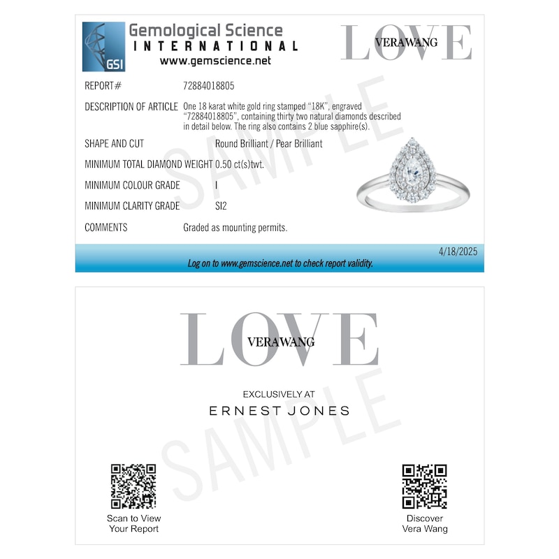 Main Image 5 of Vera Wang 18ct White Gold 0.50ct Diamond Pear Shaped Double Halo Certificated Ring