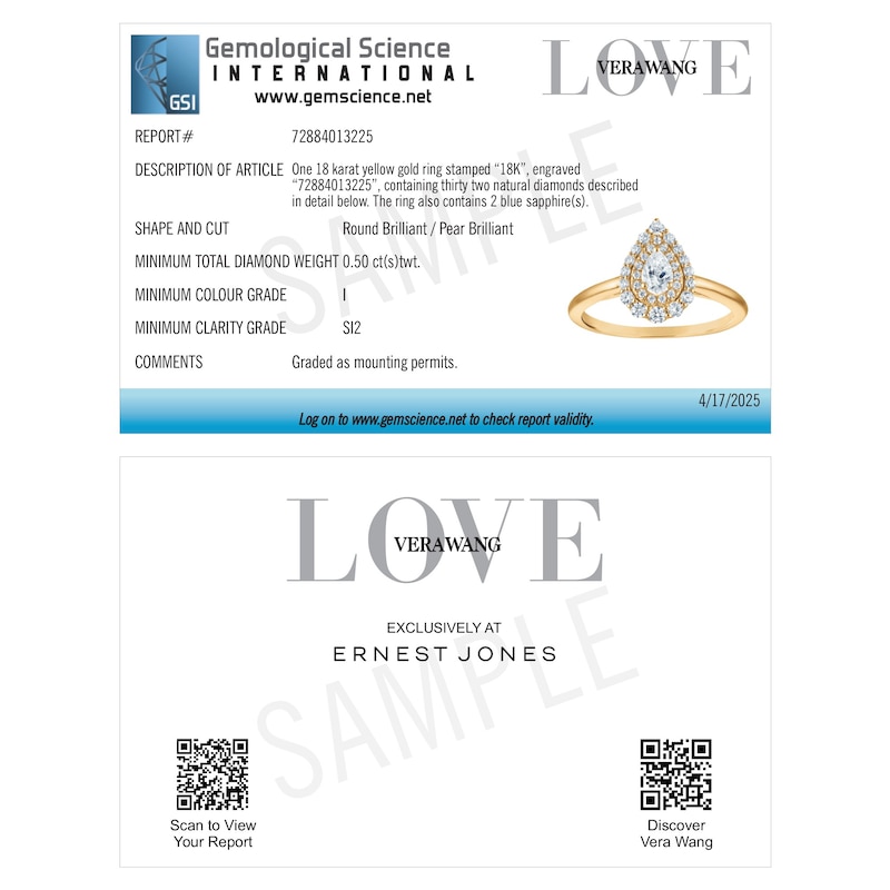 Main Image 6 of Engagement Ring Vera Wang 18ct Yellow Gold Pear Double Halo Certificated&nbsp;0.50ct Diamond Ring