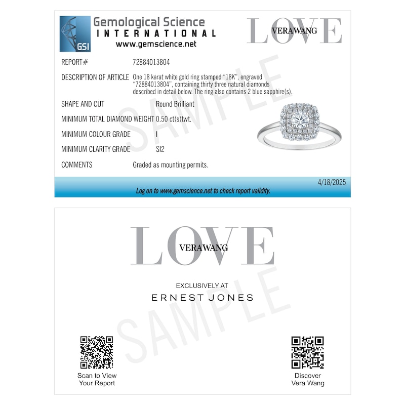 Main Image 6 of Engagement Ring Vera Wang 18ct White Gold Cushion Double Halo Certificated 0.50ct Diamond Ring