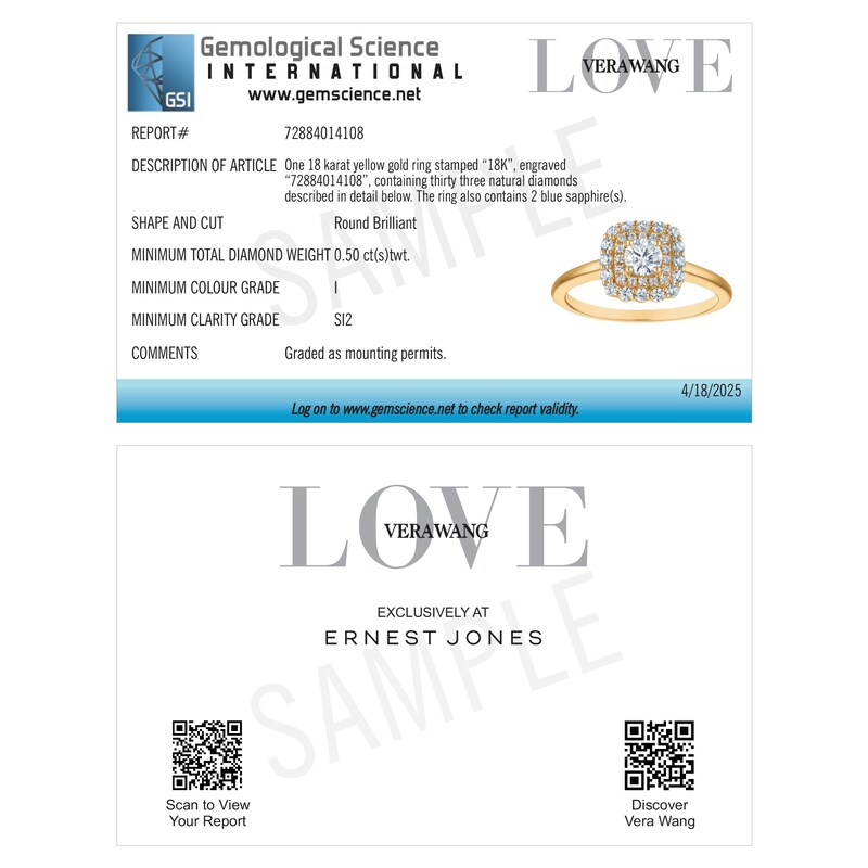 Main Image 6 of Engagement Ring Vera Wang 18ct Yellow Gold Cushion Double Halo Certificated 0.50ct Diamond Ring