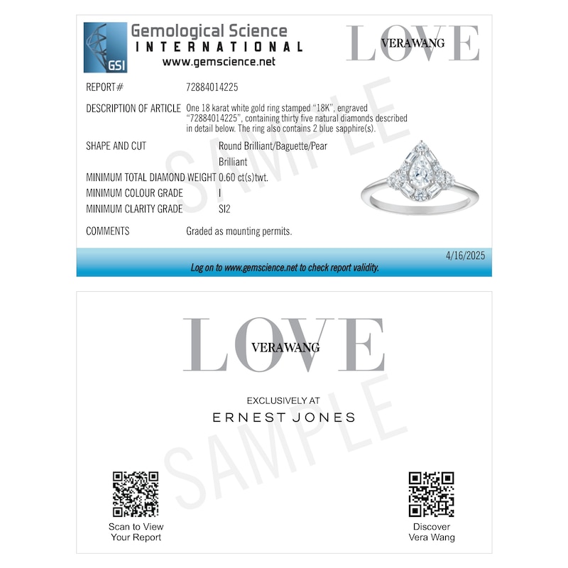 Main Image 5 of Engagement Ring Vera Wang 18ct White Gold Mixed Cut Pear Halo Certificated 0.60ct Diamond Ring