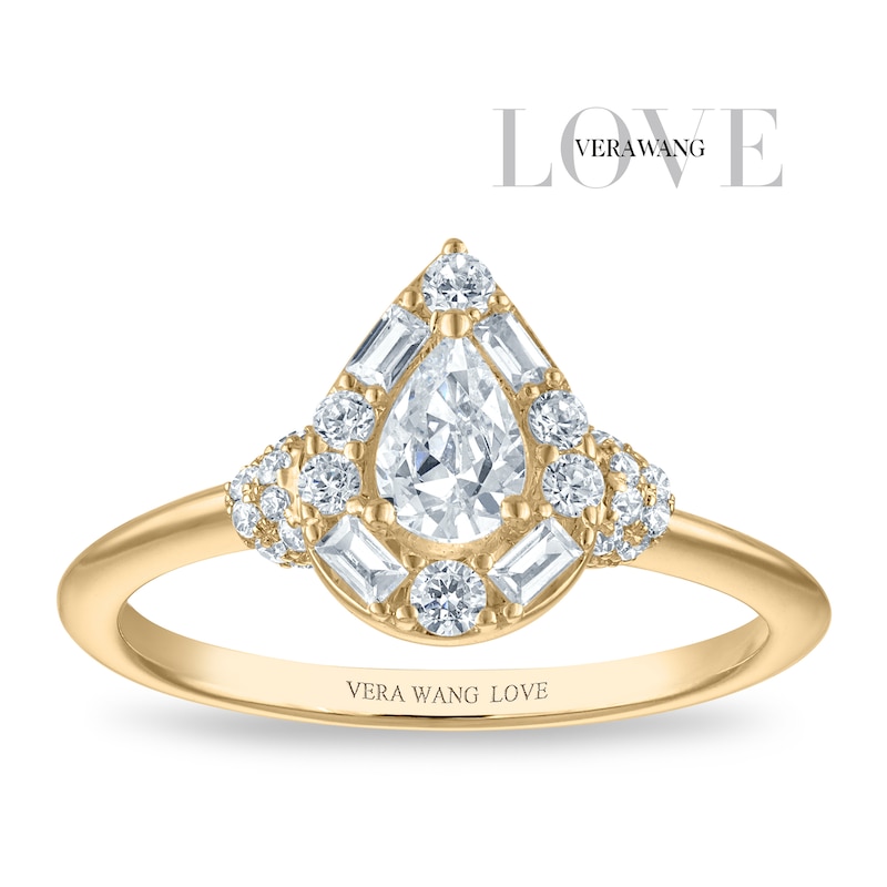 Main Image 1 of Vera Wang 18ct Yellow Gold 0.60ct Diamond Mixed Cut Pear Shaped Halo Certificated Ring