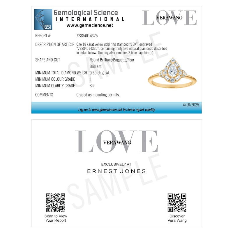 Main Image 6 of Engagement Ring Vera Wang 18ct Yellow Gold Mixed Cut Pear Halo Certificated 0.60ct Diamond Ring