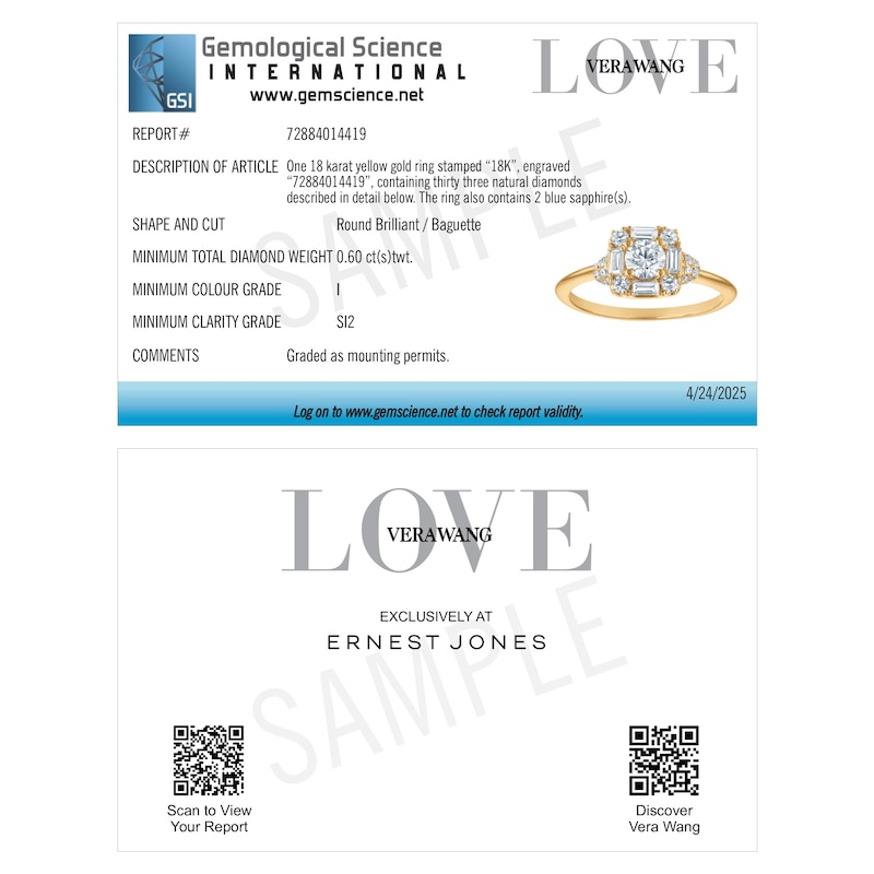 Main Image 5 of Engagement Ring Vera Wang 18ct Yellow Gold Mixed Cut Cushion Halo Certificated 0.60ct Diamond Ring