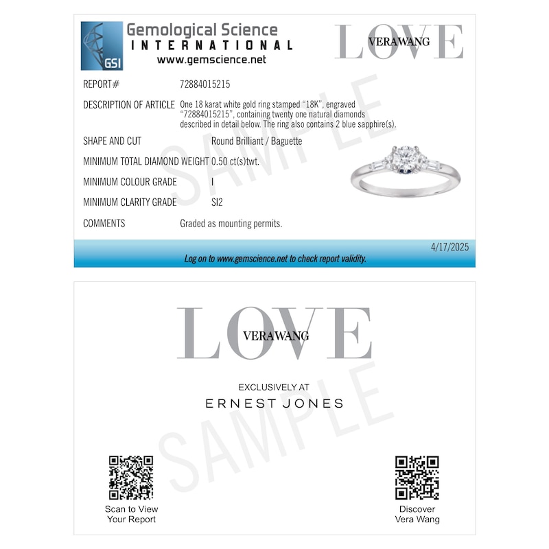 Main Image 5 of Vera Wang 18ct White Gold 0.50ct Diamond Round & Baguette Cut Solitaire Certificated Ring