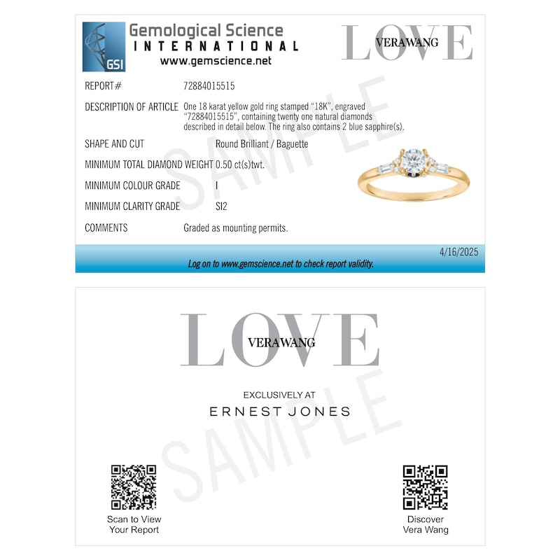 Main Image 5 of Engagement Ring Vera Wang 18ct Yellow Gold Baguette Solitaire Certificated 0.50ct Diamond Ring