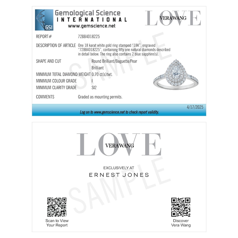 Main Image 6 of Engagement Ring Vera Wang 18ct White Gold Pear Double Halo Certificated 0.70ct Diamond Ring