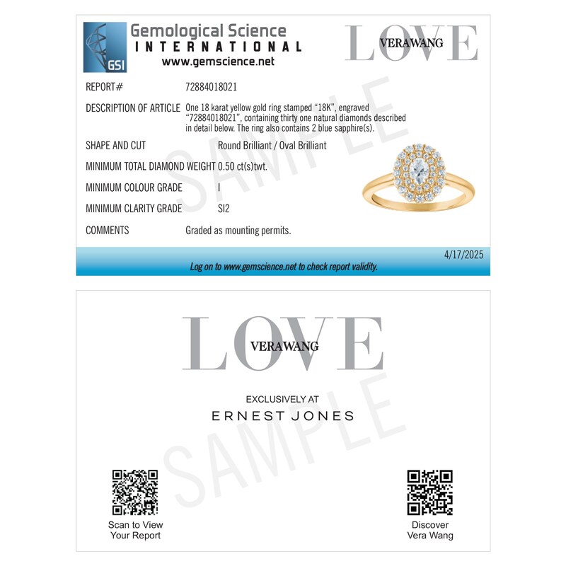 Main Image 6 of Engagement Ring Vera Wang 18ct Yellow Gold Oval Double Halo Certificated 0.50ct Diamond Ring