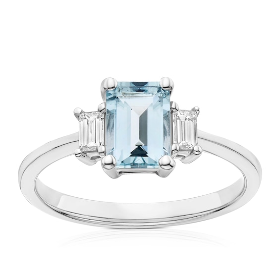 Platinum 0.18ct Diamond and Aquamarine Emerald Cut Trilogy R