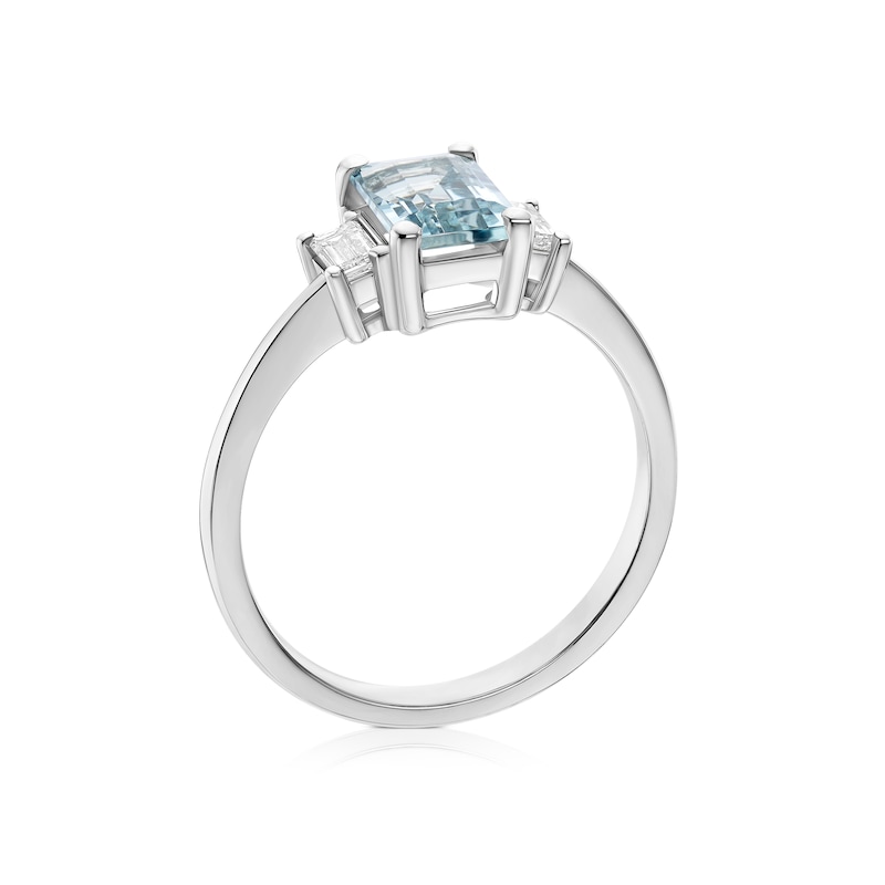 Main Image 3 of Platinum 0.18ct Diamond & Aquamarine Emerald Cut Trilogy Ring