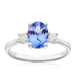 Platinum 0.15ct Diamond Tanzanite Oval & Round Trilogy Ring