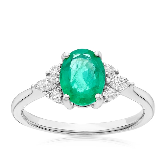 Platinum 0.20ct Diamond and Emerald Oval Trilogy Ring