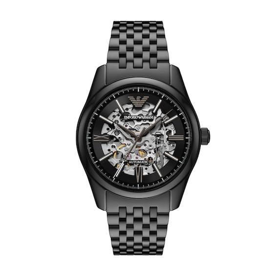 Emporio Armani Mens Automatic Skeleton Dial Black Stainless Steel Watch