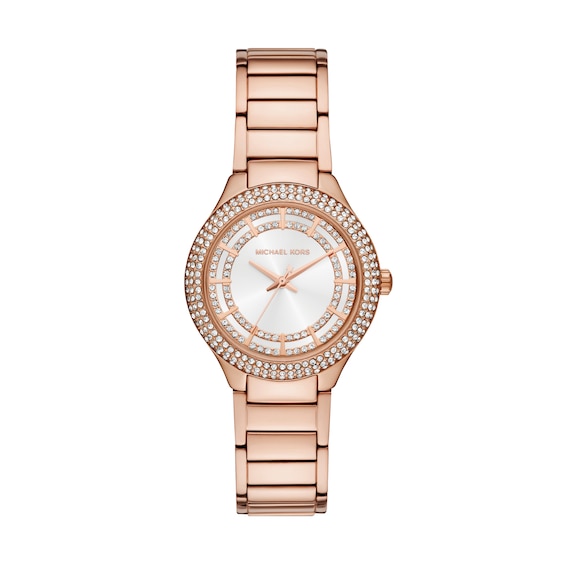 Women's Michael Kors Sylvia Crystal Bezel White Dial Rose Gold Tone Bracelet Watch