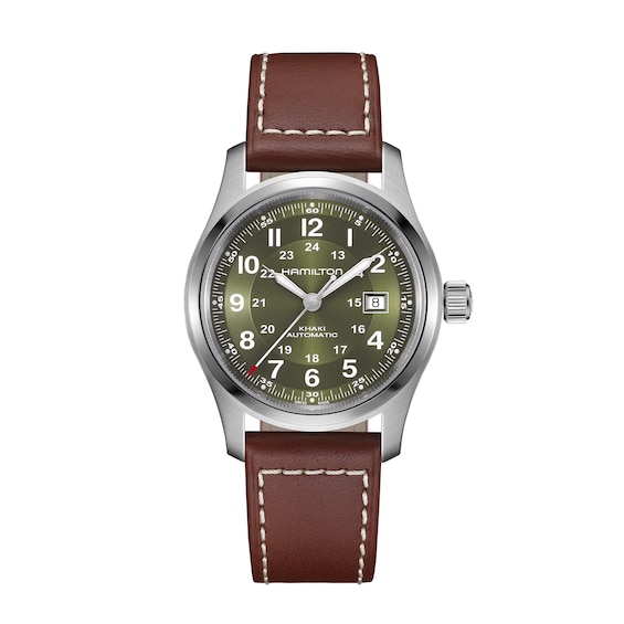 Men's Hamilton Khaki Field Automatic 42Mm Green Dial & Brown Leather Strap Watch