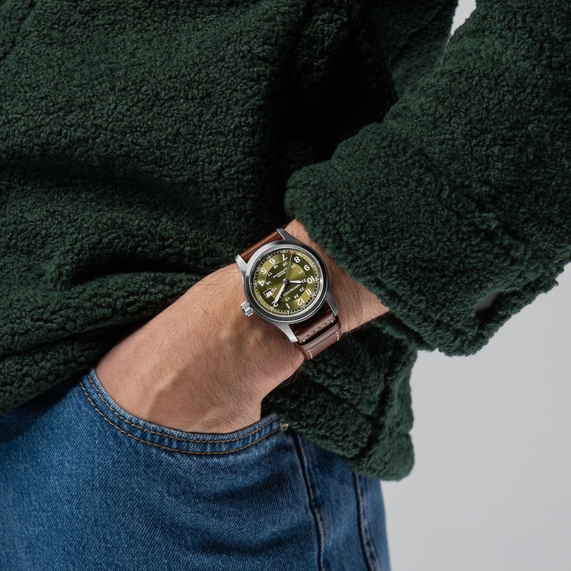 Main Image 4 of Hamilton Khaki Field Automatic 42mm Green Dial & Brown Leather Strap Watch
