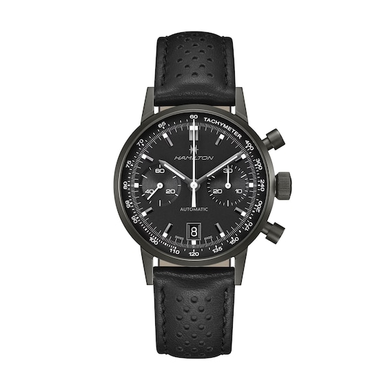 Men's Hamilton American Classic Intra-Matic Auto Chrono Black Leather Strap Watch