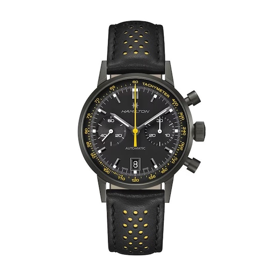Men's Hamilton American Classic Intra-Matic Auto Chrono Yellow & Black Leather Strap Watch