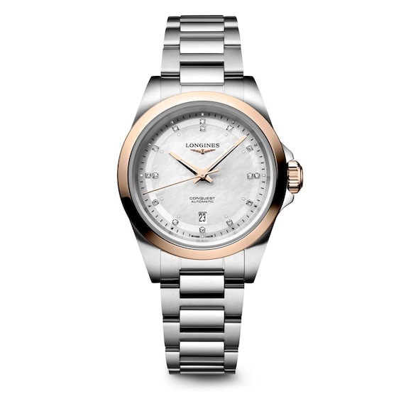 Women's Longines Conquest 30Mm Diamond Mother Of Pearl & Stainless Steel Watch