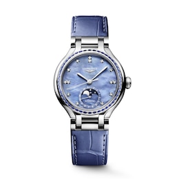 Longines PrimaLuna Moonphase 34mm Blue Mother Of Pearl Dial & Leather Strap