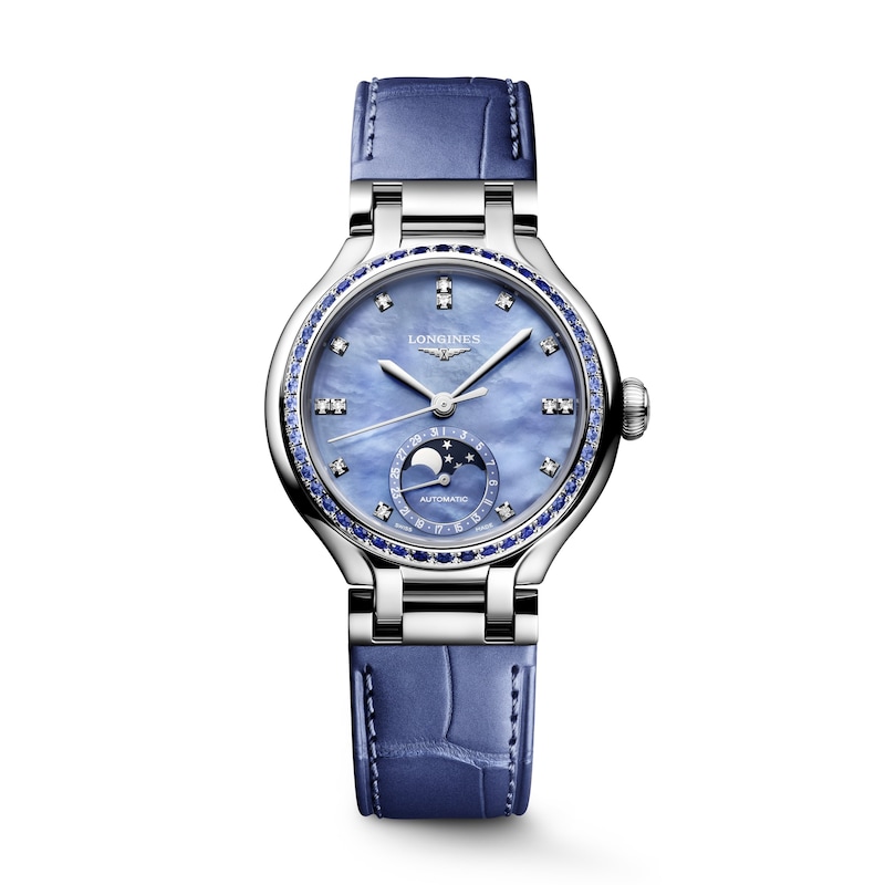 Main Image 1 of Longines PrimaLuna Moonphase 34mm Blue Mother Of Pearl Dial & Leather Strap