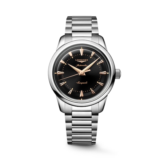 Men's Longines Conquest Heritage 38Mm Black Dial & Stainless Steel Bracelet Watch