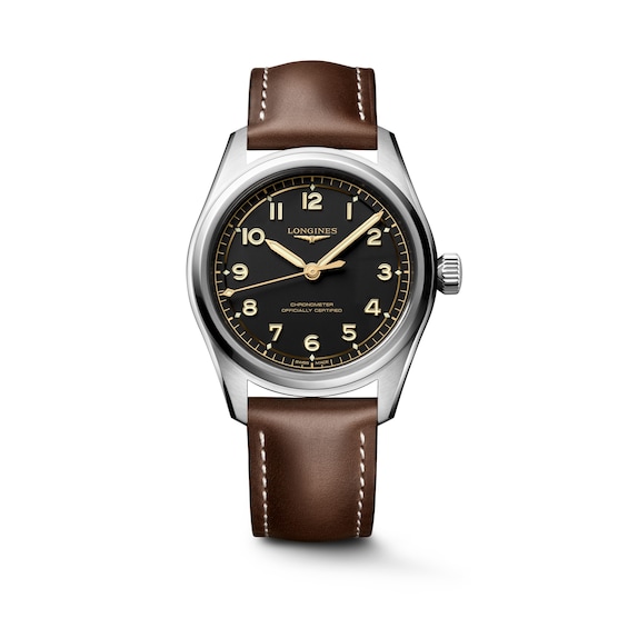 Men's Longines Spirit Pilot 39Mm Black Dial Brown Leather Strap Watch