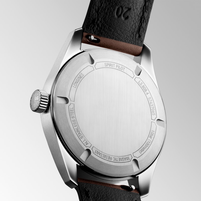 Main Image 6 of Longines Spirit Pilot Men's 39mm Black Dial Brown Leather Strap Watch