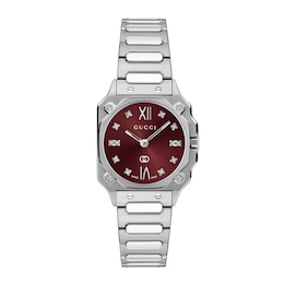 Gucci G-Flat 24mm Burgundy Diamond Dial & Stainless Steel Watch