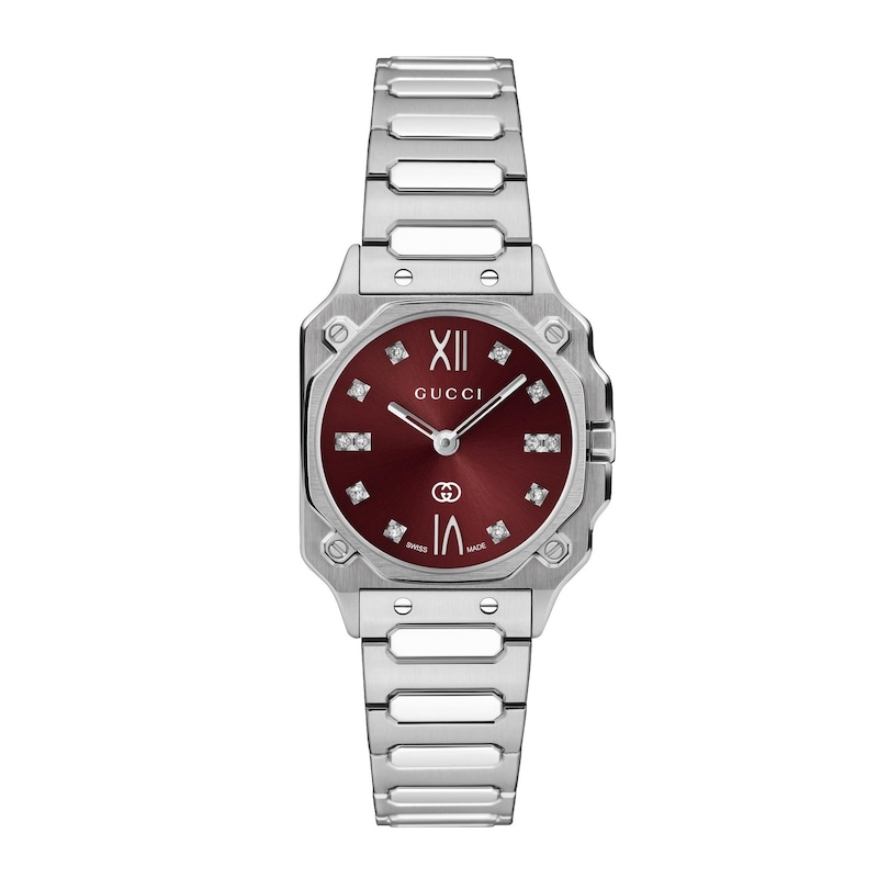 Main Image 1 of Gucci G-Flat 24mm Burgundy Diamond Dial & Stainless Steel Watch