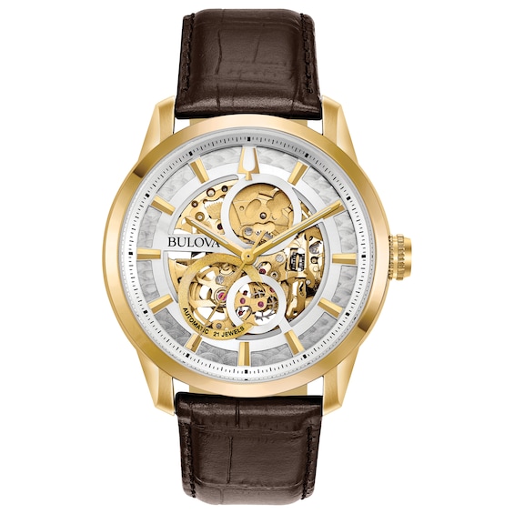 Bulova Sutton Mens Yellow Gold Sutton Skeleton Strap Watch